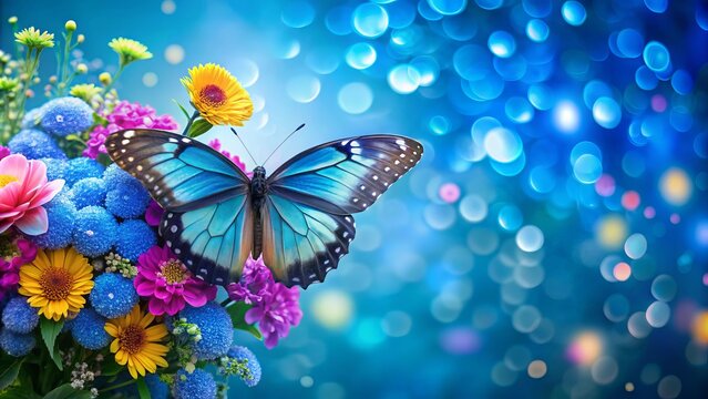 Beautiful bright blue butterfly perched on a blooming bouquet of bold botanicals, beneath a brilliant blue background with blurred bokeh bubbles.