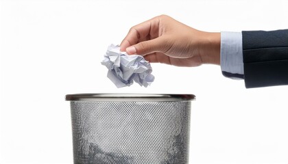 hand throwing paper in stainless steel trash bin isolated on white background