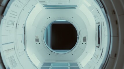 Futuristic corridor with bright lighting, metallic walls, symmetrical design, and a high-tech, clean aesthetic. Generative ai