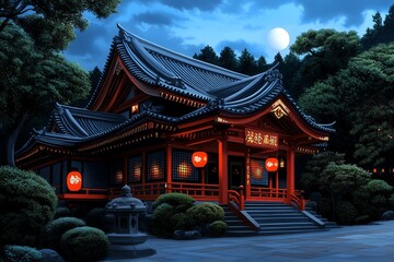 Obraz premium Japanese vermillion shrine at dusk, depicted in an artwork where the soft light of the evening enhances the vibrant color and the spiritual atmosphere