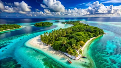 Breathtaking aerial view of pristine turquoise lagoon surrounded by coral reefs, white sandy beaches, and lush green islands in the Maldives tropical paradise.