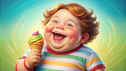 Cheerful chubby cartoon child with bright smile and rosy cheeks enjoying a colorful ice cream cone in a playful, vibrant, and whimsical illustration.