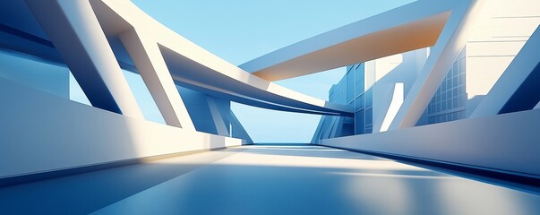 Modern futuristic architecture with white walls and blue glass.