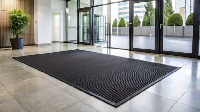 Clean and modern commercial establishment featuring a sleek black rubber floor mat with textured ridges and a subtle sheen, set against a light gray background.