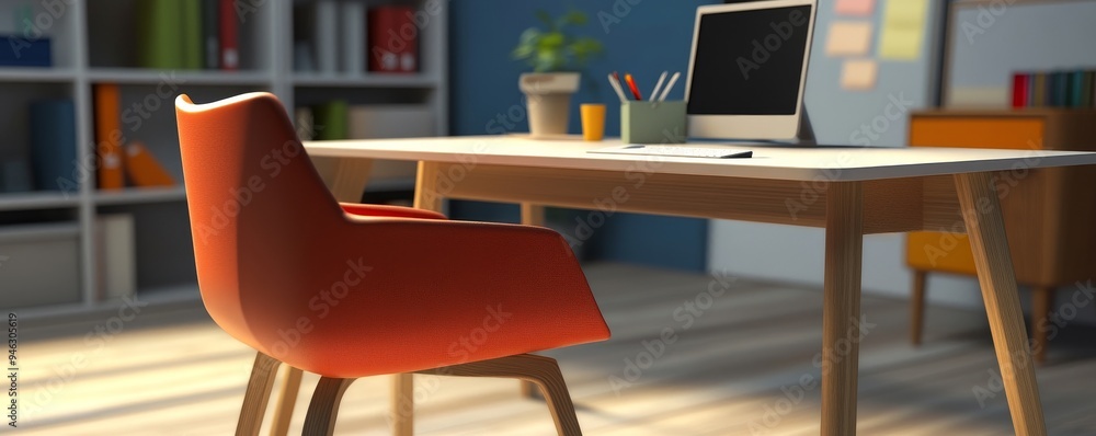 Poster orange chair in front of a desk with a computer.