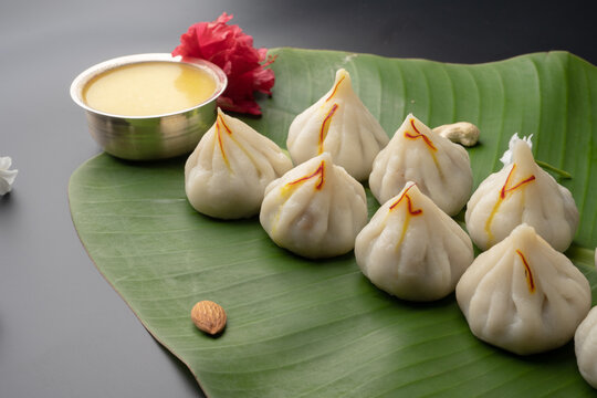 Steamed Modak, white modak, ukdiche modak made from rice flour and coconut jaggery filling. Modak is a traditional Indian sweet made during Ganesh Utsav
