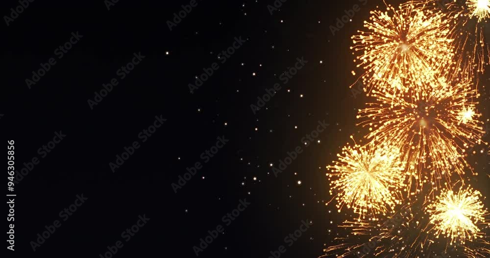 Wall mural looping animation of golden fireworks display on a black background with copy space