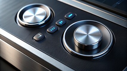 Close-up of a sleek modern music player's interface, featuring a set of shiny metallic buttons for play, pause, and skip, on a dark background.