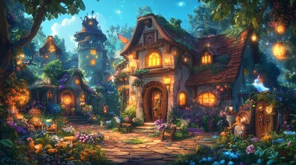 Obraz premium Enchanting Fantasy Village with Cozy Cottages and Glowing Lanterns