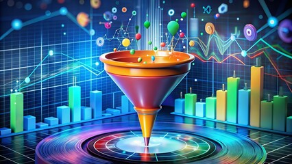Colorful 3D funnel surrounded by analytics symbols, charts, and graphs, with flowing data streams, illustrating the process of filtering and categorizing information for business insights.