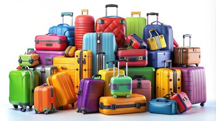Fototapeta premium Colorful 3D illustration of various luggage pieces, including suitcases, duffel bags, and backpacks, scattered and stacked in a vibrant, whimsical arrangement on a white background.