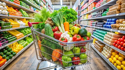 Colorful array of fresh produce, packaged goods, and household essentials overflowing from a shopping cart on a sleek, modern supermarket aisle floor.