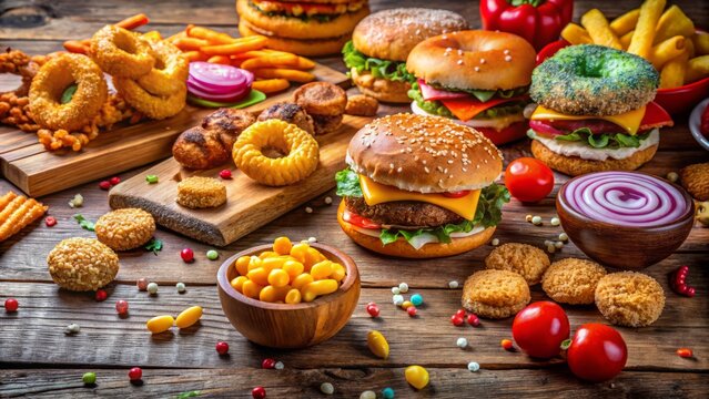 Colorful array of crispy fried snacks, greasy burgers, and sugary treats scattered on a worn wooden table, epitomizing comfort food indulgence and guilty pleasure.