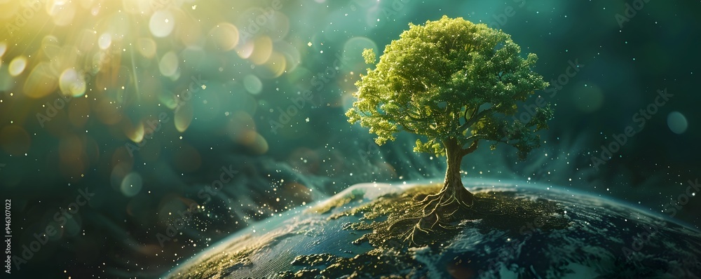 Poster symbolic tree of life emerging from core of mother earth representing growth and unity
