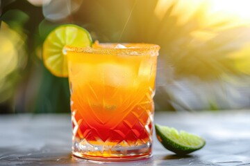 Agave syrup Tequila Sunrise with agave syrup and lime, served in a stylish glass, desert background, copy space for text