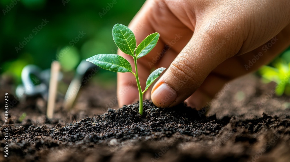Poster a focused view of a person hand planting a tiny sapling, with the surrounding soil and small garden 
