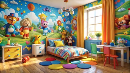 Colorful bedroom scene features vibrant cartoon characters on walls, sheets, and curtains, surrounded by toys, stuffed animals, and playful bedding in a whimsical kid's space.