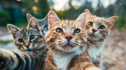 A playful group of four cats posing for a close-up selfie in a natural outdoor setting.