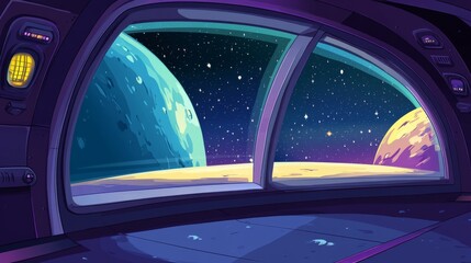 Spaceship Interior View with Planets and Stars