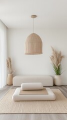 The yoga studio boasts a modern Scandinavian aesthetic with wooden floors, white walls, and lush plants, creating a serene environment for practice and relaxation.