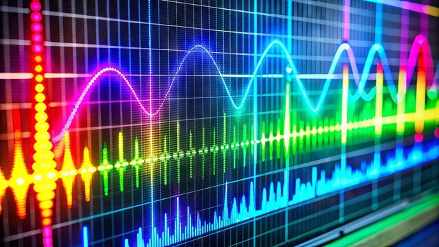 Colorful digital display of a frequency spectrum analyzer showing waveforms and peaks, useful for audio engineers, scientists, and technicians to analyze signal frequencies.