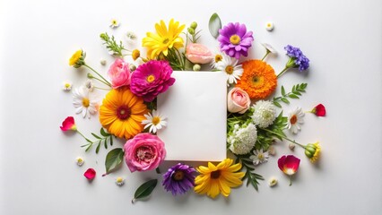 Colorful floral arrangement on a white background with a blank vertical greeting card and a few loose flowers scattered around it in a playful manner.