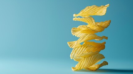 Crispy potato chips soaring through the air with a bright blue background for snack time fun