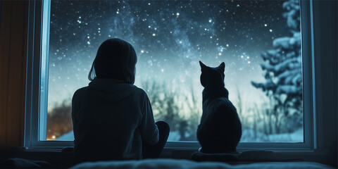 Silhouette of woman and cat sitting on windowsill at night