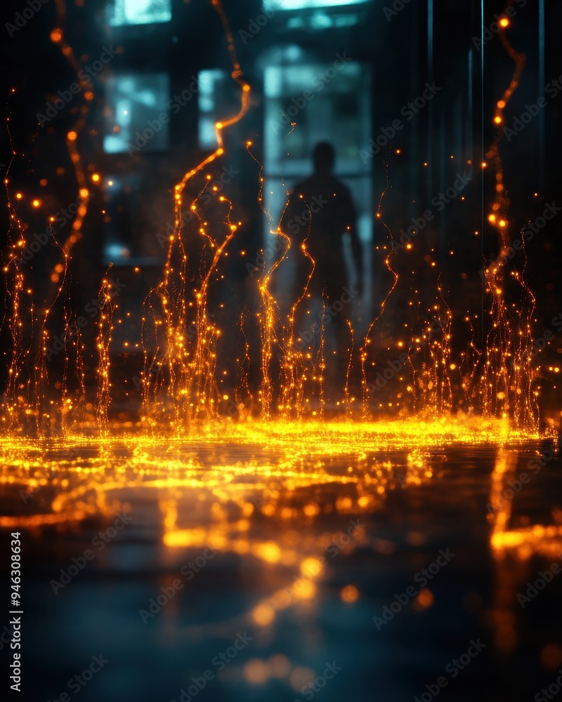 Poster abstract image featuring futuristic glowing orange particles and silhouettes, creating a sci-fi atmo