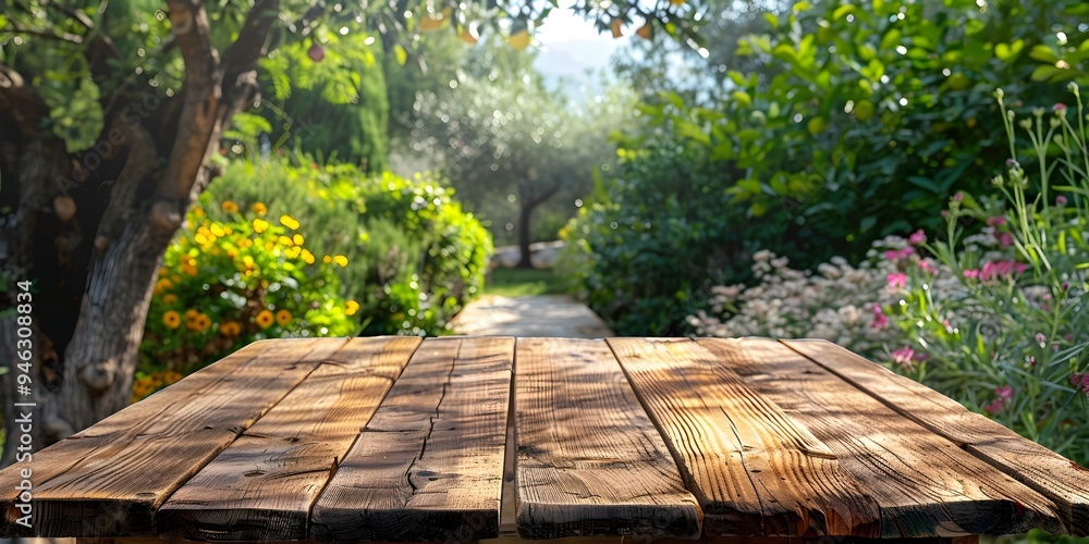 Poster rustic wooden table in a lush garden ideal for displaying eco friendly products with ample copy spac