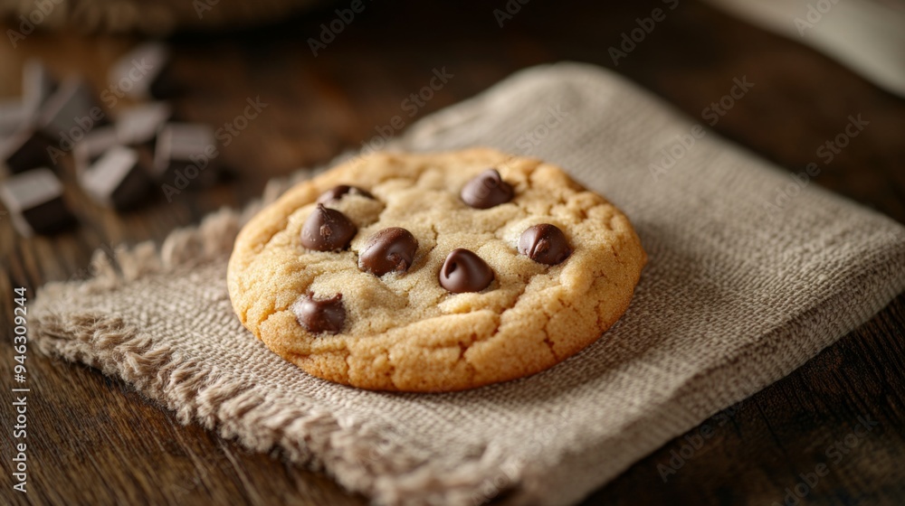 Poster a freshly baked cookie with a few chocolate chips melting slightly, placed on a rustic napkin with a
