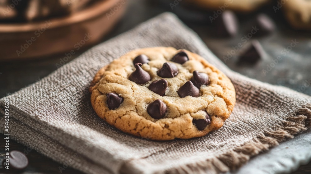 Poster a freshly baked cookie with a few chocolate chips melting slightly, placed on a rustic napkin with a