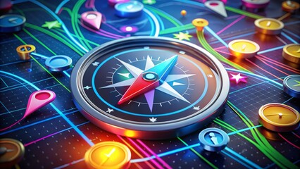 Colorful navigation icons, including compass, map pin, and directional arrows, are scattered across a futuristic dashboard, symbolizing tracking, route planning, and spatial analysis.