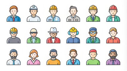 Colorful, minimalist icon set featuring diverse team roles and professions, including developers, designers, and managers, on white background, perfect for modern presentations and infographics.
