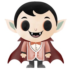 Cute Halloween cartoon vampire wearing a red cloak. He is smiling and grinning widely.