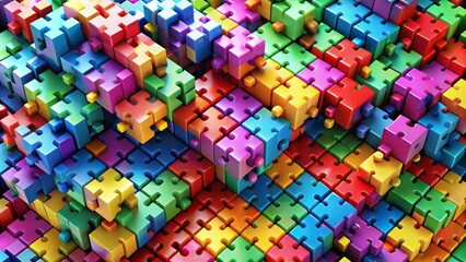 Colorful puzzle pieces align in a mesmerizing 3D matrix, challenging problem-solvers to rotate and twist until the vibrant squares harmoniously blend into a single cohesive face.