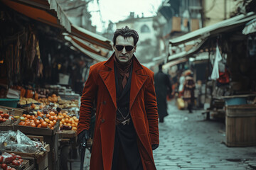 Obraz premium A modern Dracula wandering through a bustling ancient marketplace at dusk, clad in red with a mysterious aura surrounding him