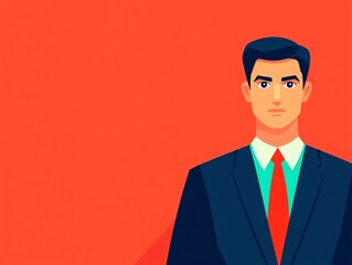 Portrait of a serious businessman in a suit against a red background.