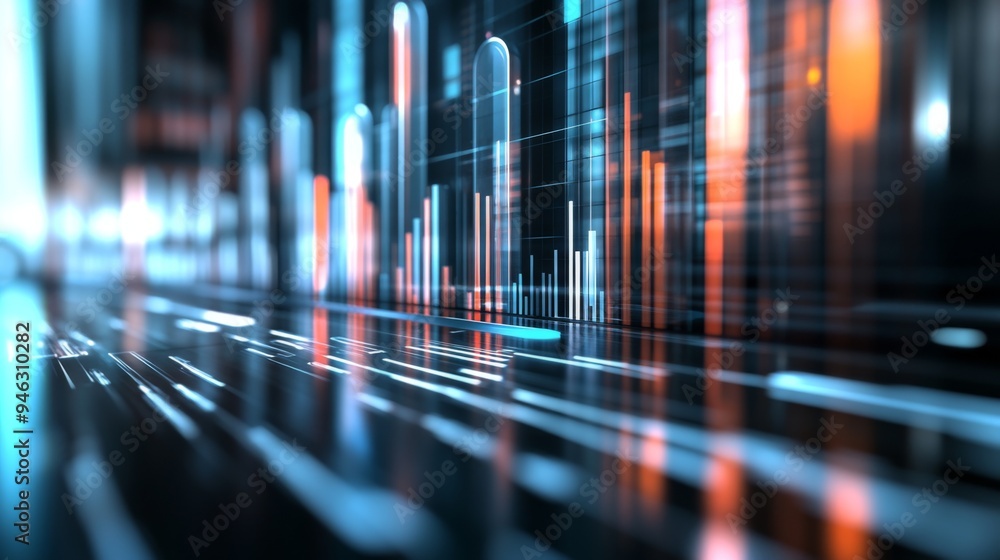 Aufkleber A futuristic 3D bar graph with rotating bars and interactive elements, set against a clean, high-tech background, perfect for presentations.