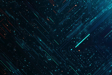  Abstract representation of a circuit board with glowing neon lines and geometric patterns against a dark background. The image evokes a high-tech, futuristic feel with ample copy space