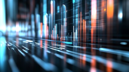 A futuristic 3D bar graph with rotating bars and interactive elements, set against a clean, high-tech background, perfect for presentations.