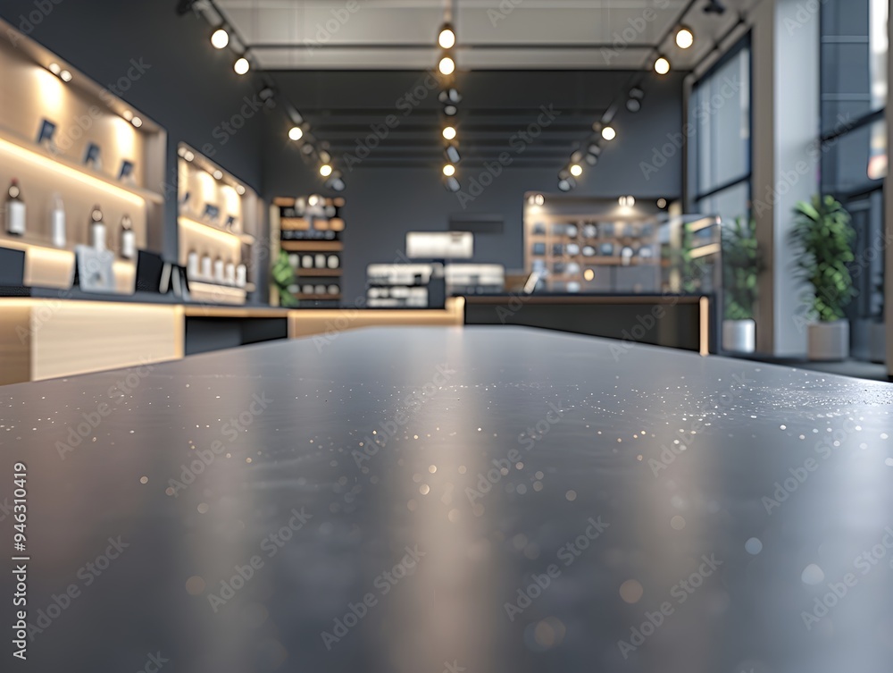 Poster sleek black table in a modern technology store for displaying cutting edge smart devices