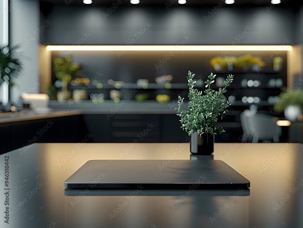 Poster sleek black table in modern technology store for cutting edge smart device display