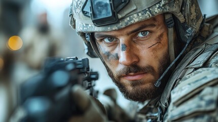 Close-up Portrait of a Determined Soldier