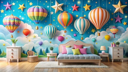 Colorful, whimsical, and imaginative wall art decorates a child's bedroom, featuring hot air balloons, fluffy clouds, and bright stars, creating a magical and inviting atmosphere.