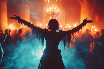 A mysterious vampire twirls amidst a vibrant party filled with dancing guests and flickering candles in an enchanting, foggy atmosphere
