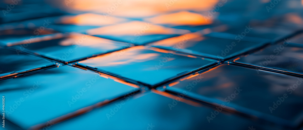 Poster an abstract close-up of solar panels reflecting sunlight, capturing the interplay of light and techn