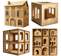 Naklejka premium Intricately designed cardboard dollhouses with multiple rooms isolated on transparent background