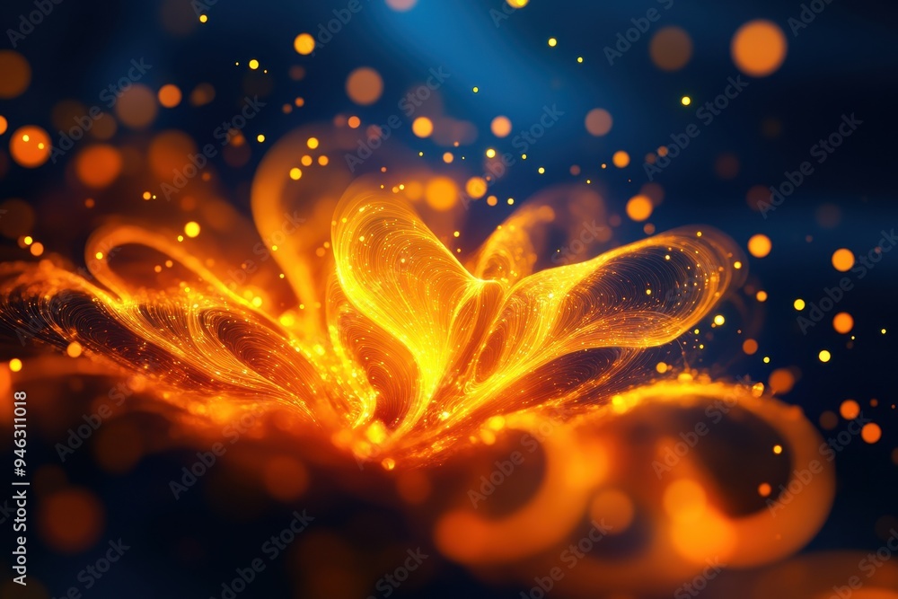 Poster abstract glowing flower with vibrant orange and blue colors, creating a magical and ethereal atmosph