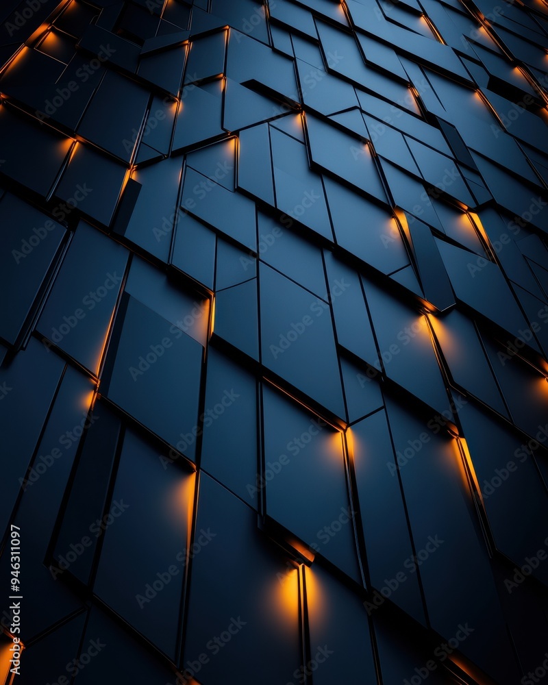 Poster Abstract geometric pattern with dark blue tiles and warm backlighting, creating a futuristic and modern design concept.